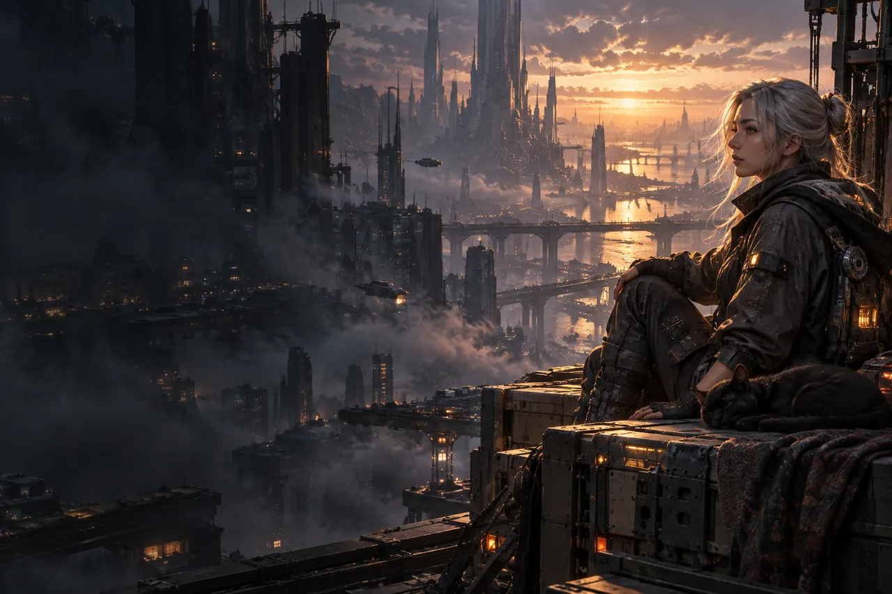 Concept illustration of a futuristic city at sunset, with an explorer and a black cat on a rooftop.
